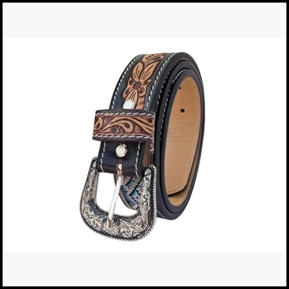 Genuine Leather Western Belt with Handtooled Design and Beads main image 6